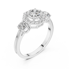 Three-Stone Halo Octagonal Silver Ring
