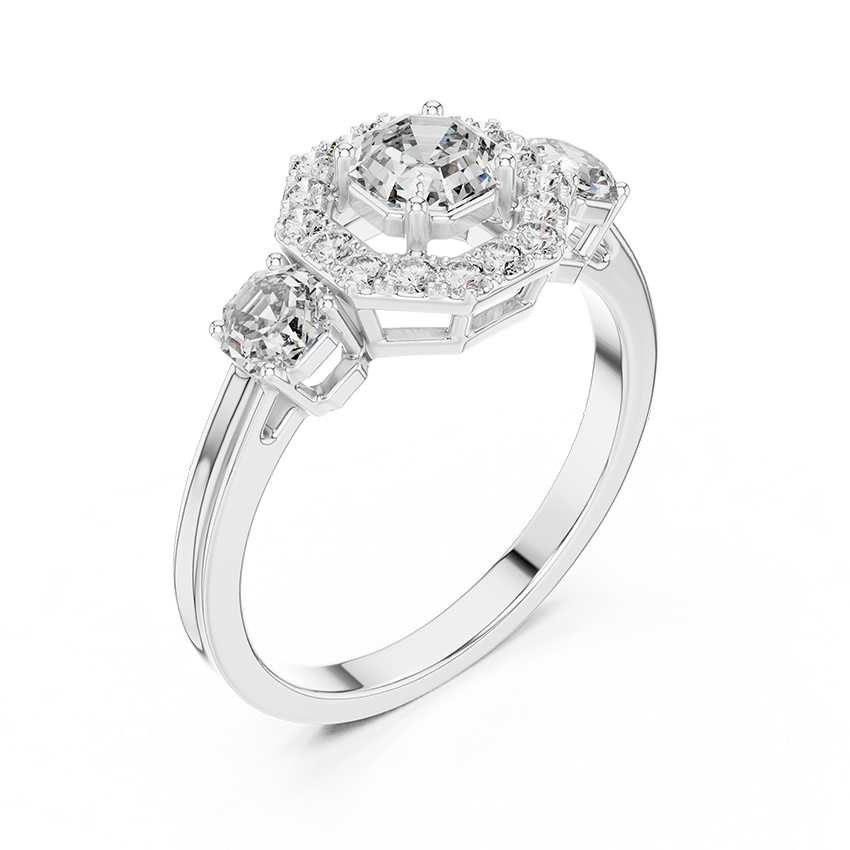 Three-Stone Halo Octagonal Silver Ring